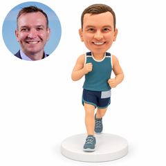 Custom clay male runner in a teal sleeveless top and navy shorts, right leg forward and right fist raised at his chest, with a matching real portrait.