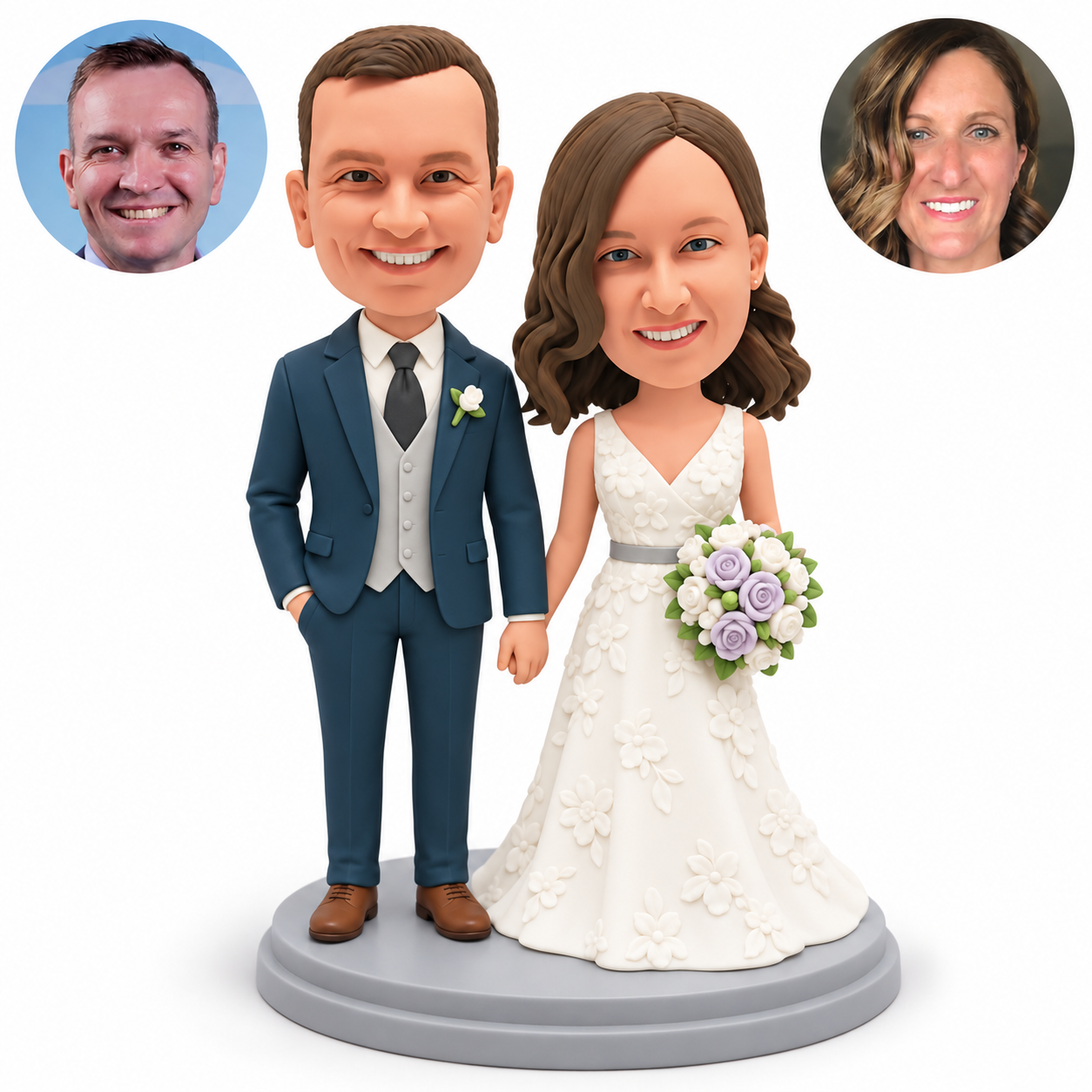 Clay wedding couple with groom right hand in pocket, low inner hands, bride holding a rose bouquet, full gown and gray round base, with paired real portraits.