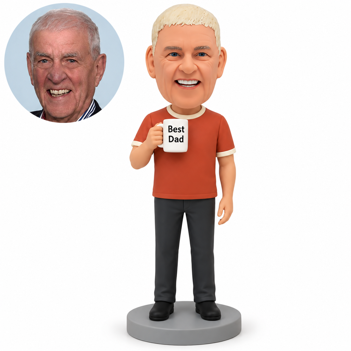 Clay man holding an opaque Best Dad mug high at his right chest, left empty hand lowered, rust shirt and gray round base, with matching real portrait.