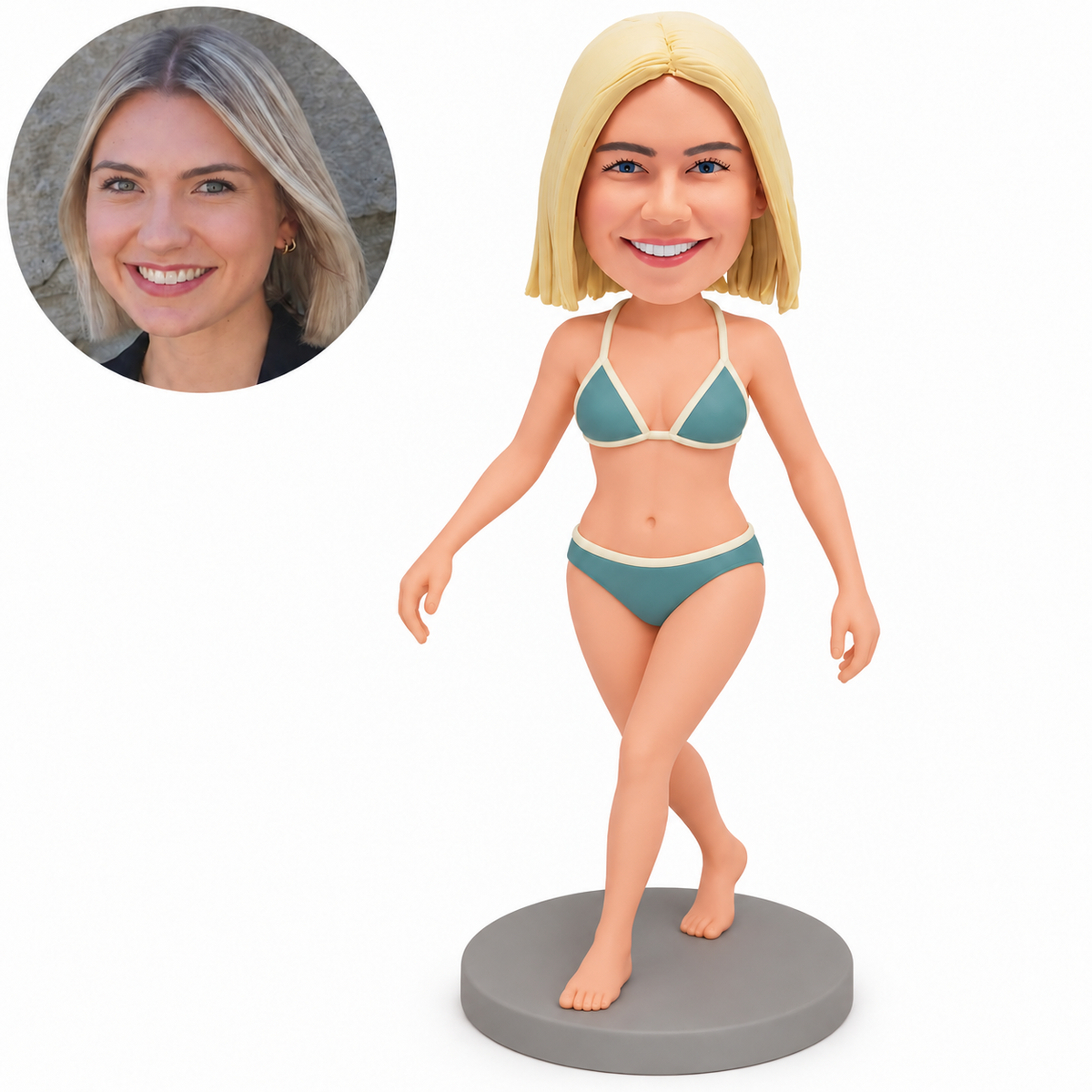 Clay adult woman in a teal and ivory bikini, both empty arms lowered, legs crossed with front bare foot flat and rear heel raised on a gray round base, with matching real portrait.