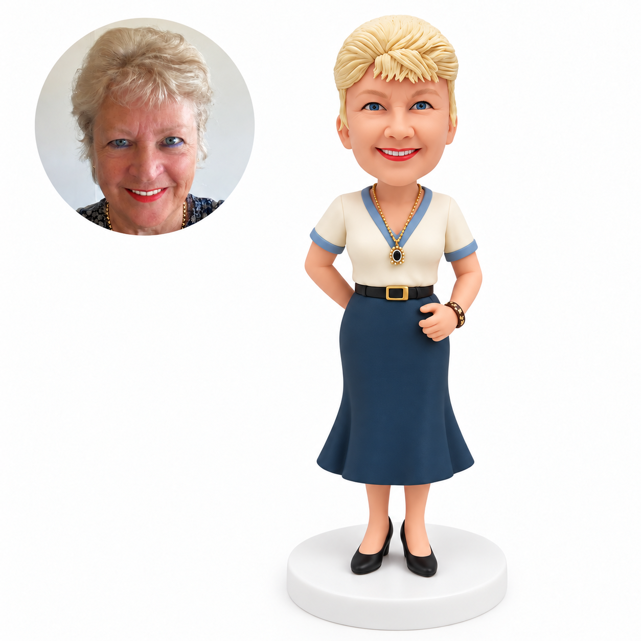 Custom polymer-clay bobblehead woman with her right forearm behind her waist and left empty hand forward, with matching real-photo inset – MGA-AC1829.