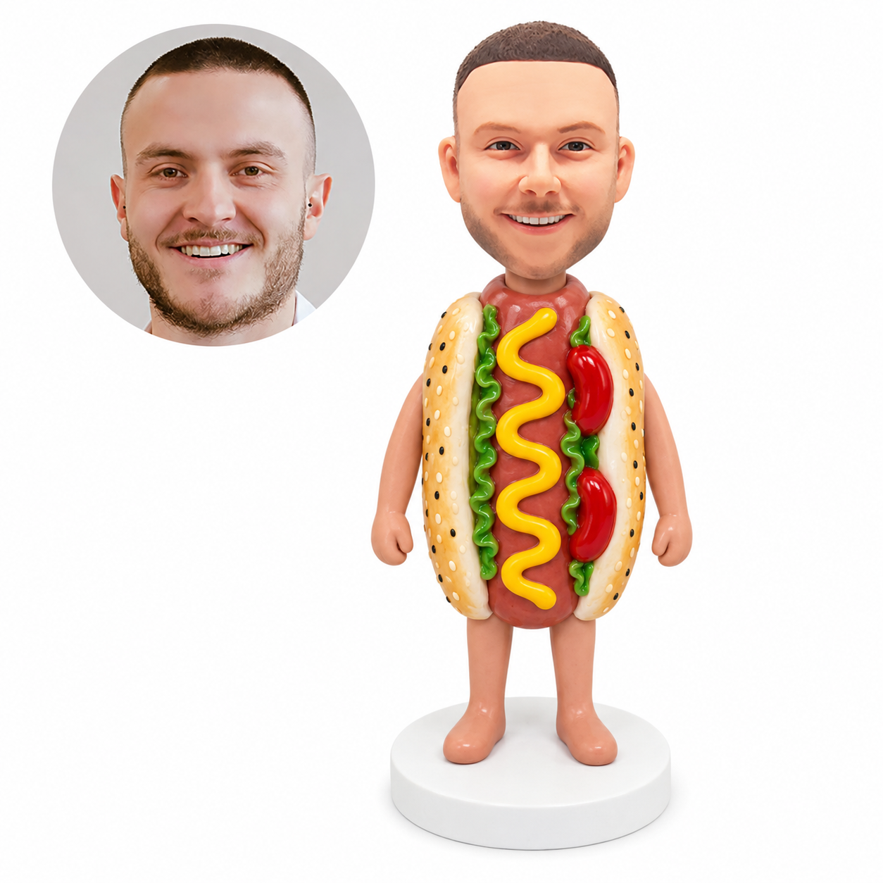 custom bobblehead figure man in a hot dog costume