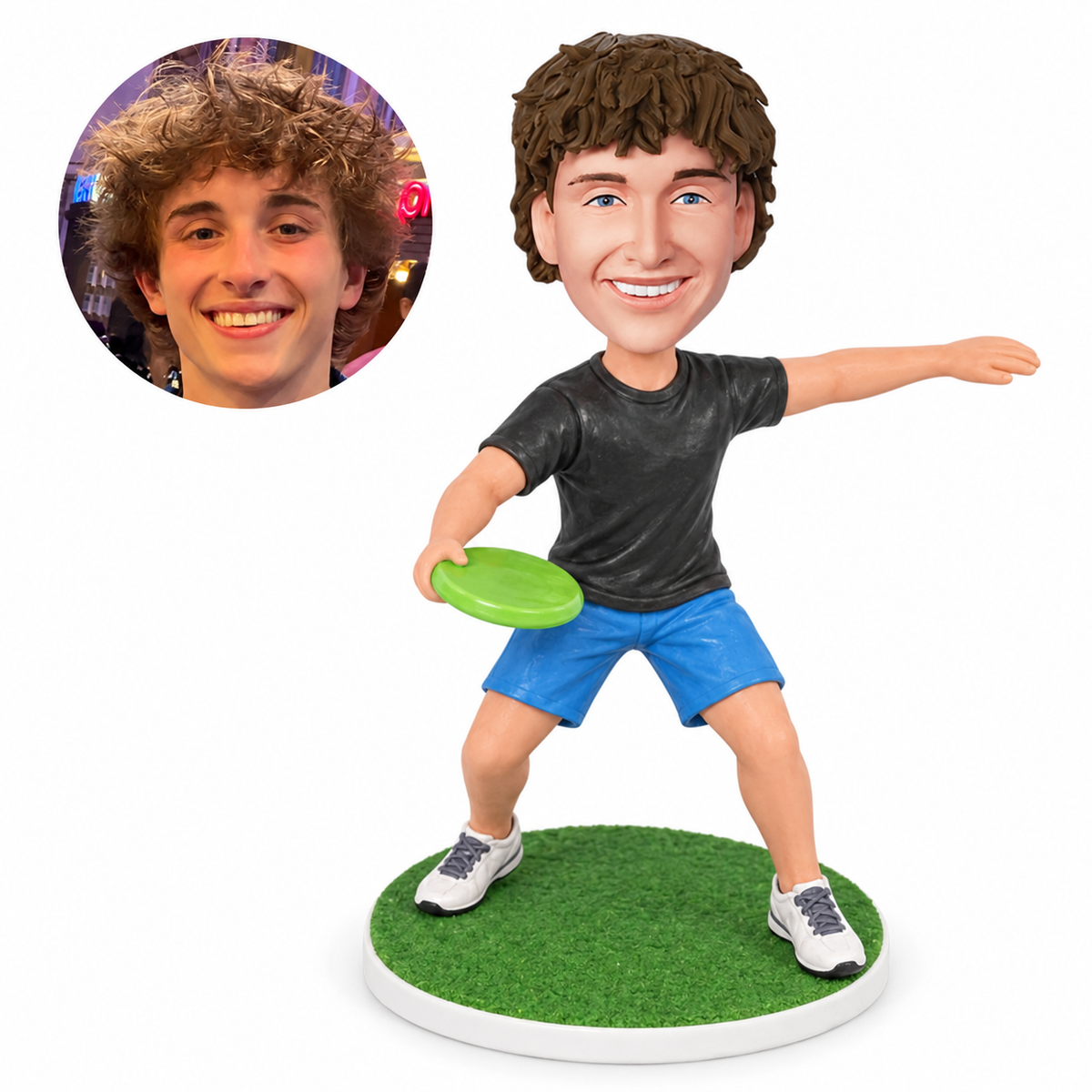 custom bobblehead figure ultimate frisbee player preparing a throw