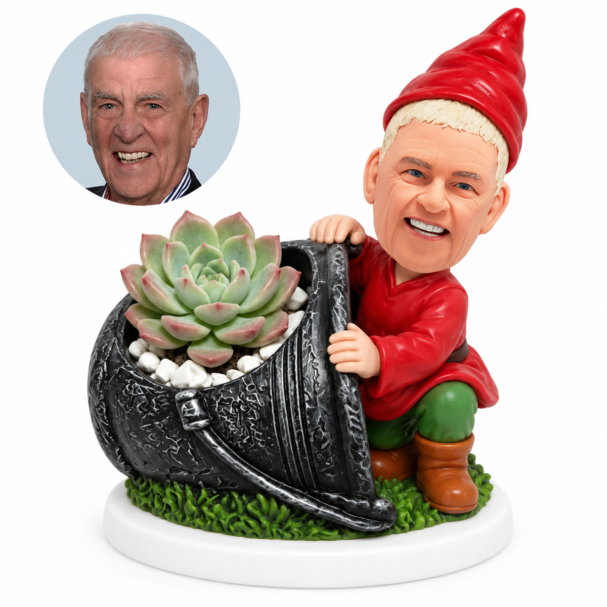 custom bobblehead figure garden gnome beside a decorative planter and sculpted succulent