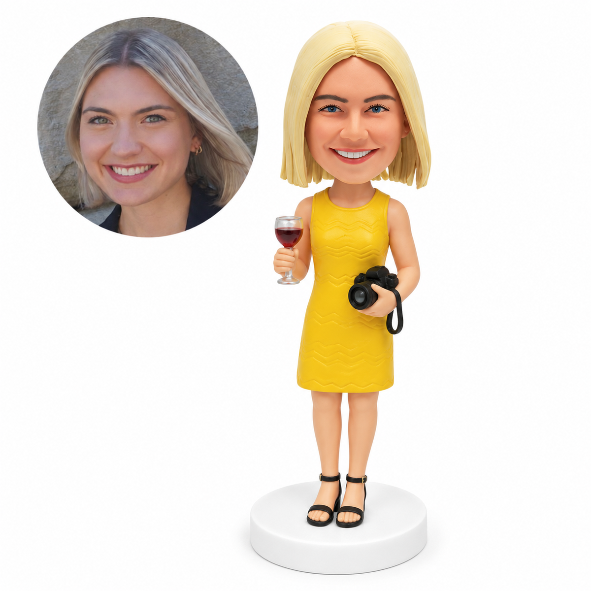 custom bobblehead figure woman holding a wine glass and a camera