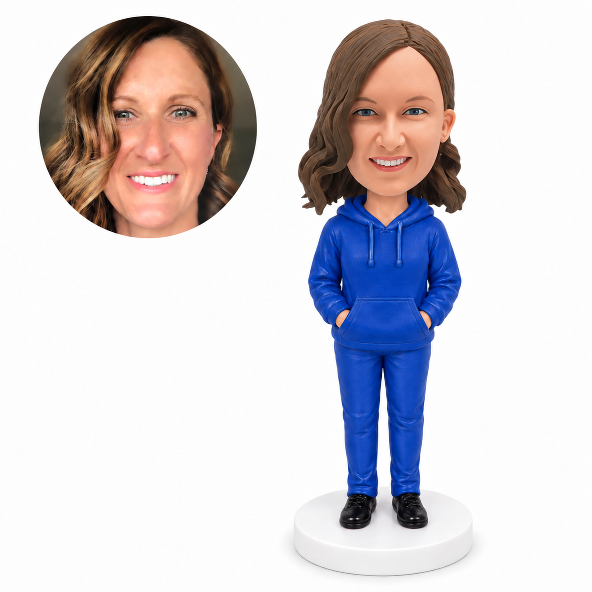 custom bobblehead figure woman in a hoodie with both hands in the front pocket