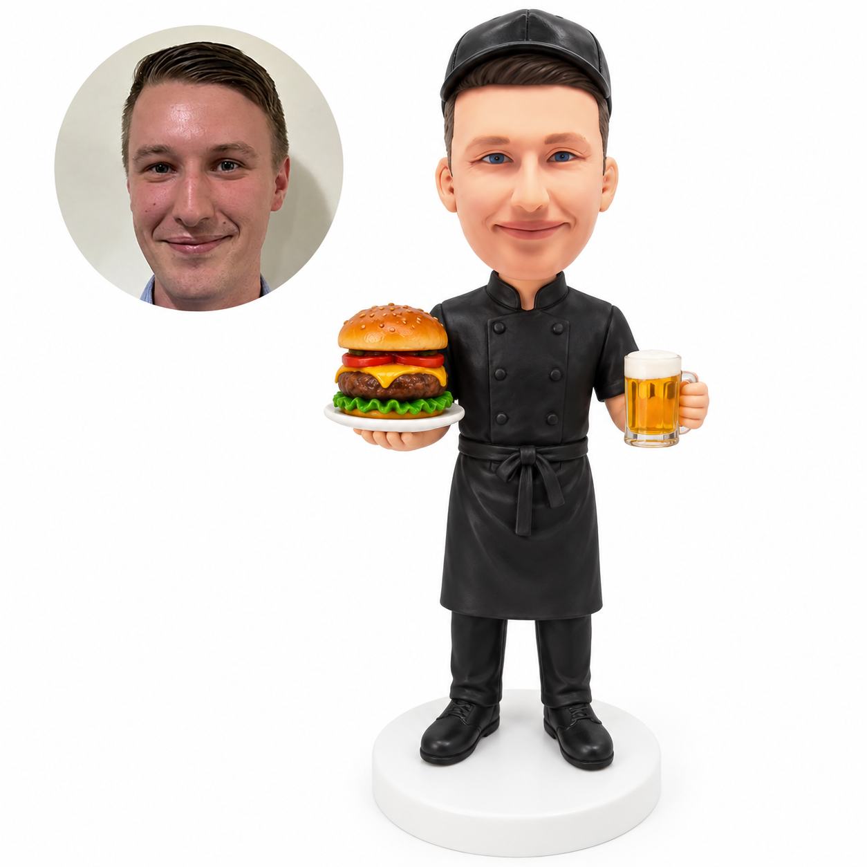 custom bobblehead figure chef holding a burger platter and a beer mug