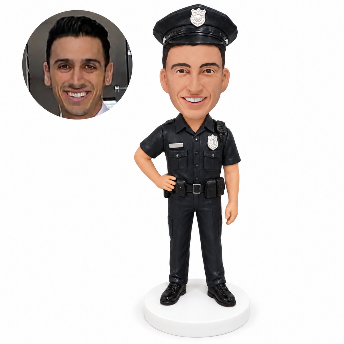custom bobblehead figure police officer in a short sleeve uniform with one hand on his hip
