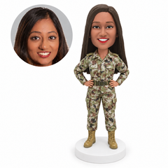 custom bobblehead figure female military officer in camouflage with hands on her hips