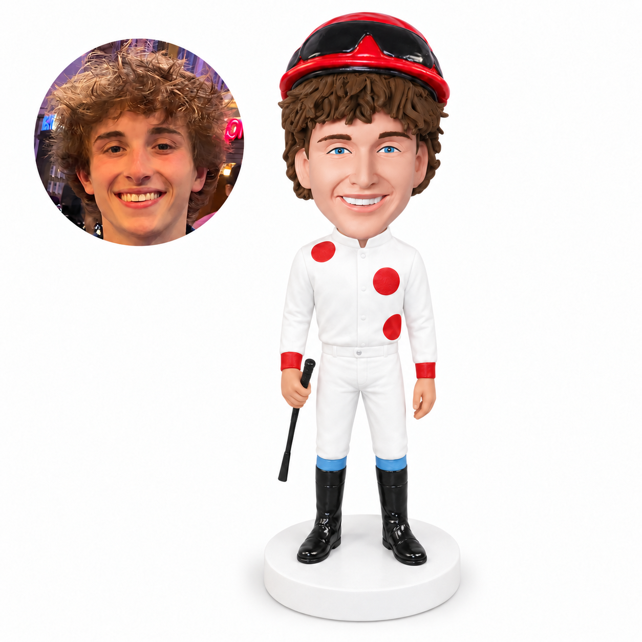 custom bobblehead figure jockey standing in riding silks and holding a crop
