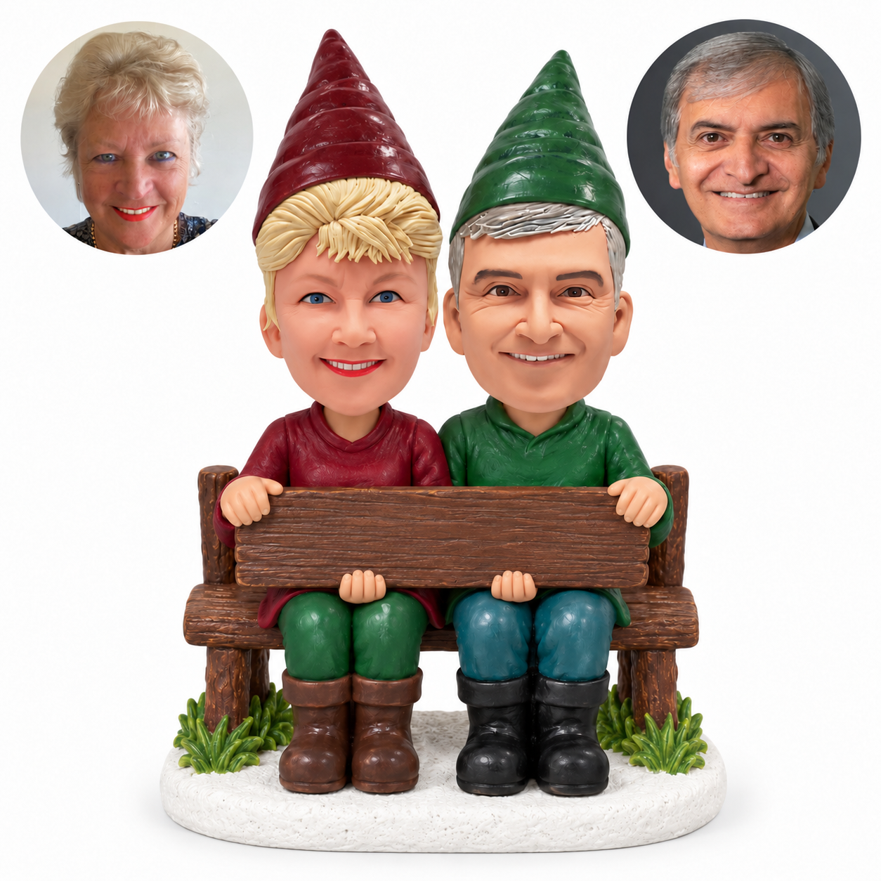 custom bobblehead figures garden gnome couple sitting on a bench and holding a wooden sign