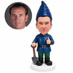 custom bobblehead figure male garden gnome holding a shovel with a thumbs up