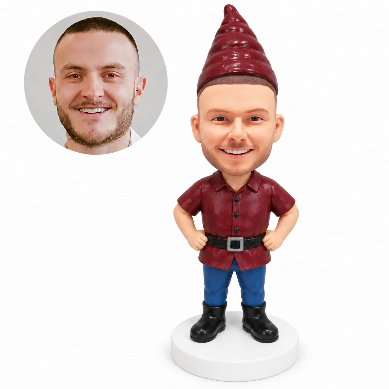custom bobblehead figure male garden gnome with both hands at his waist