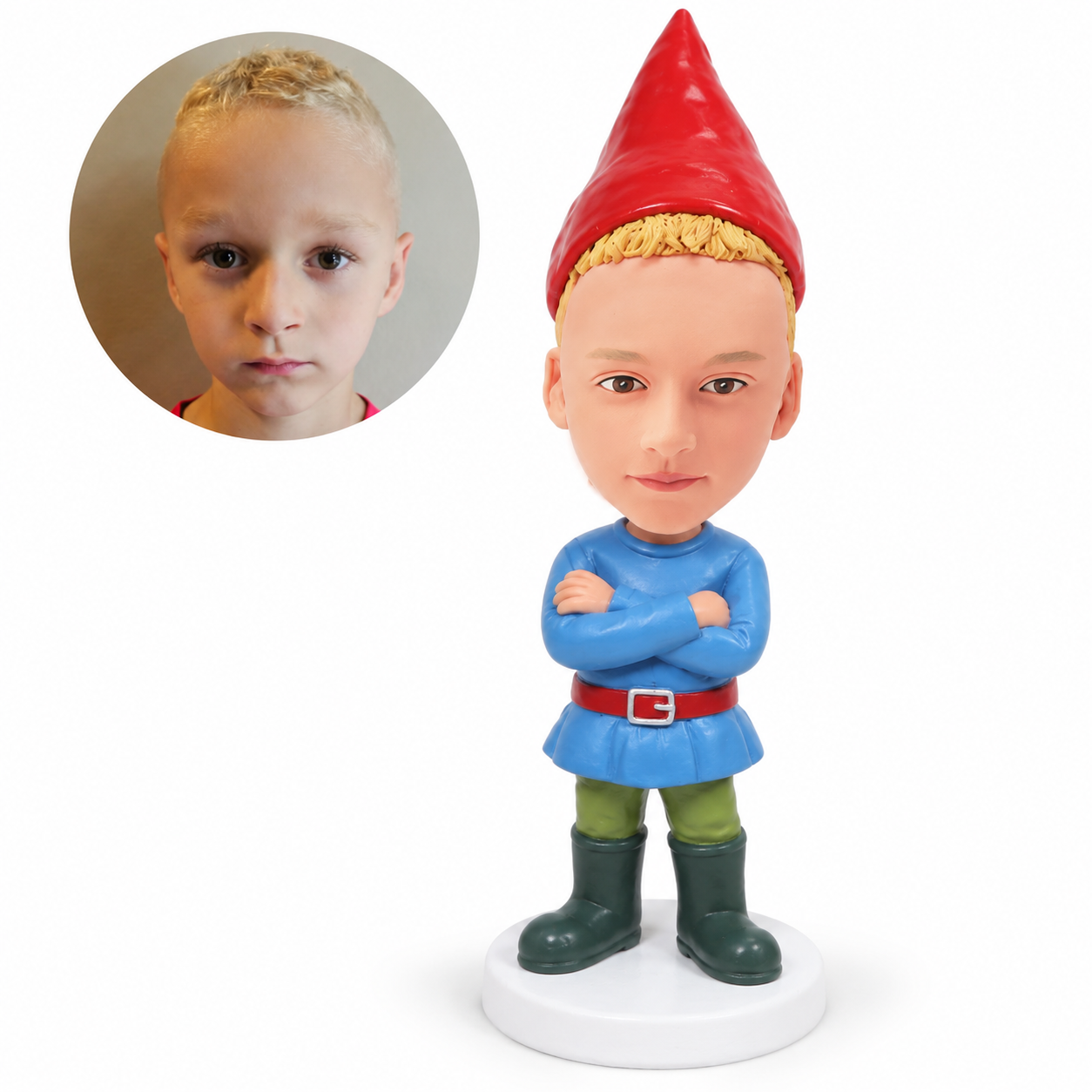 custom bobblehead figure boy garden gnome standing with his arms crossed