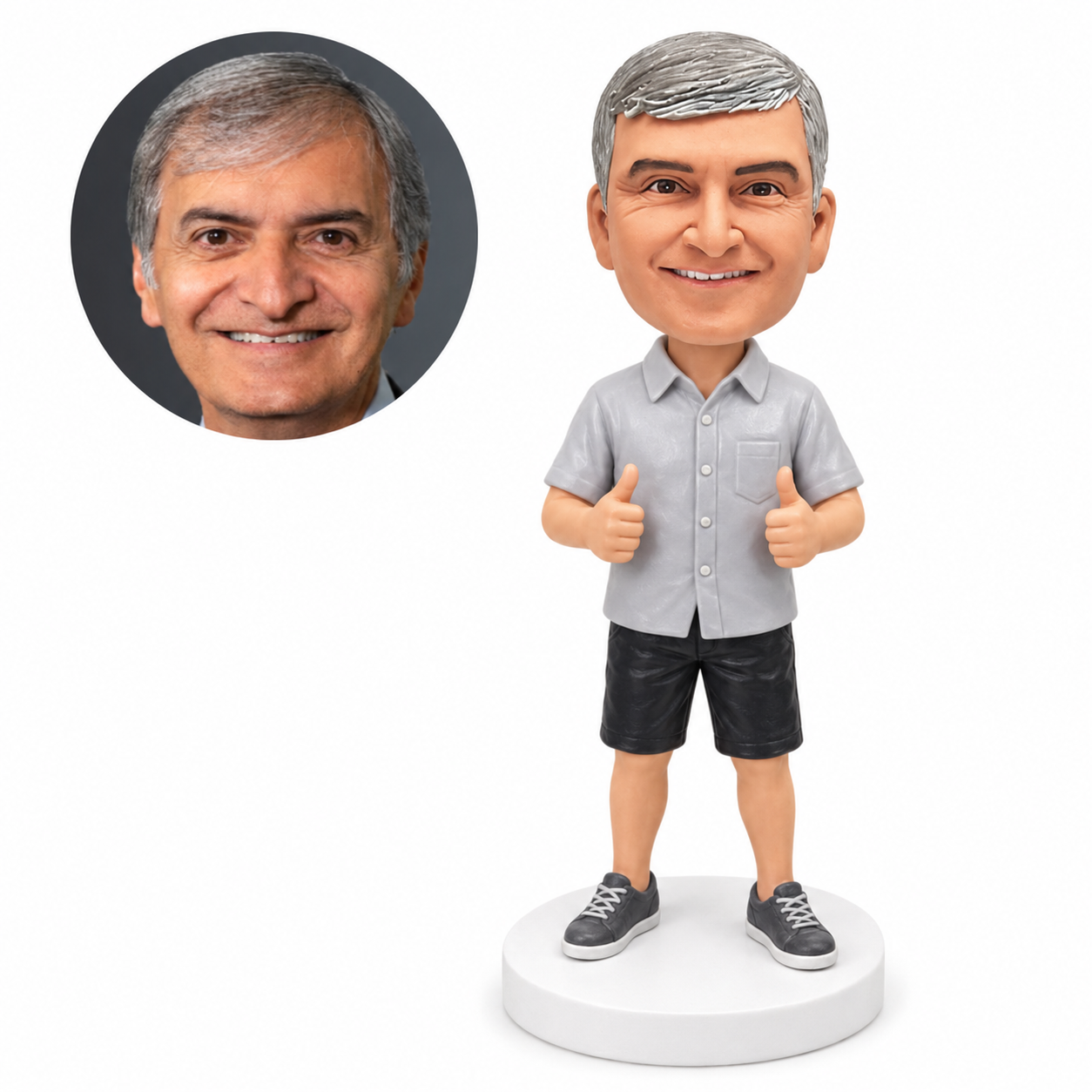 custom bobblehead figure man in a short sleeve shirt and shorts giving two thumbs up
