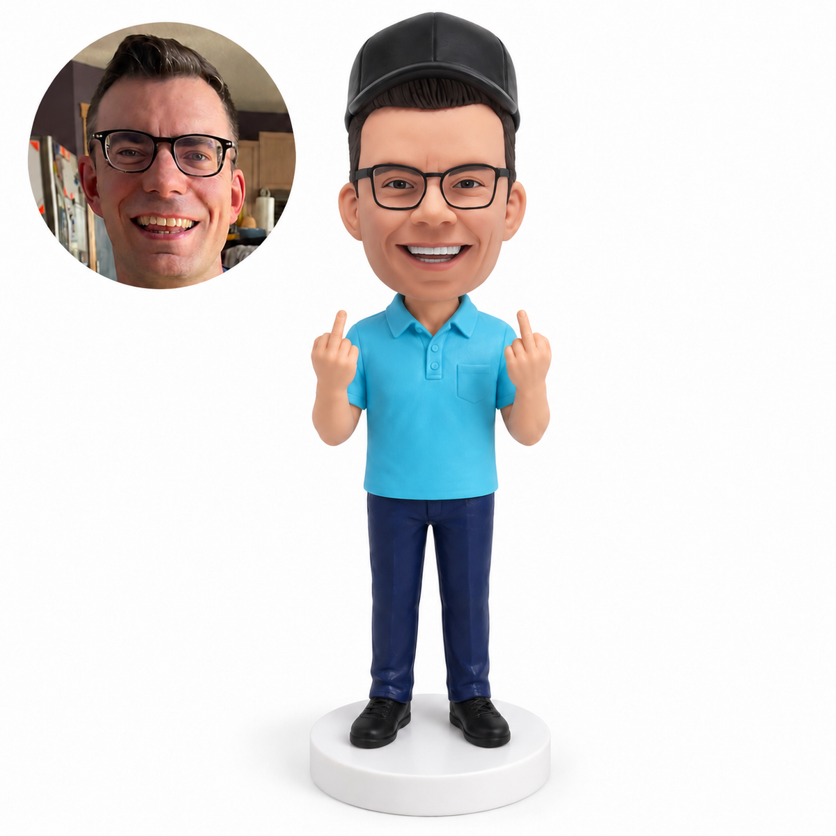 custom bobblehead figure man in a polo shirt making a cheeky double middle finger gesture
