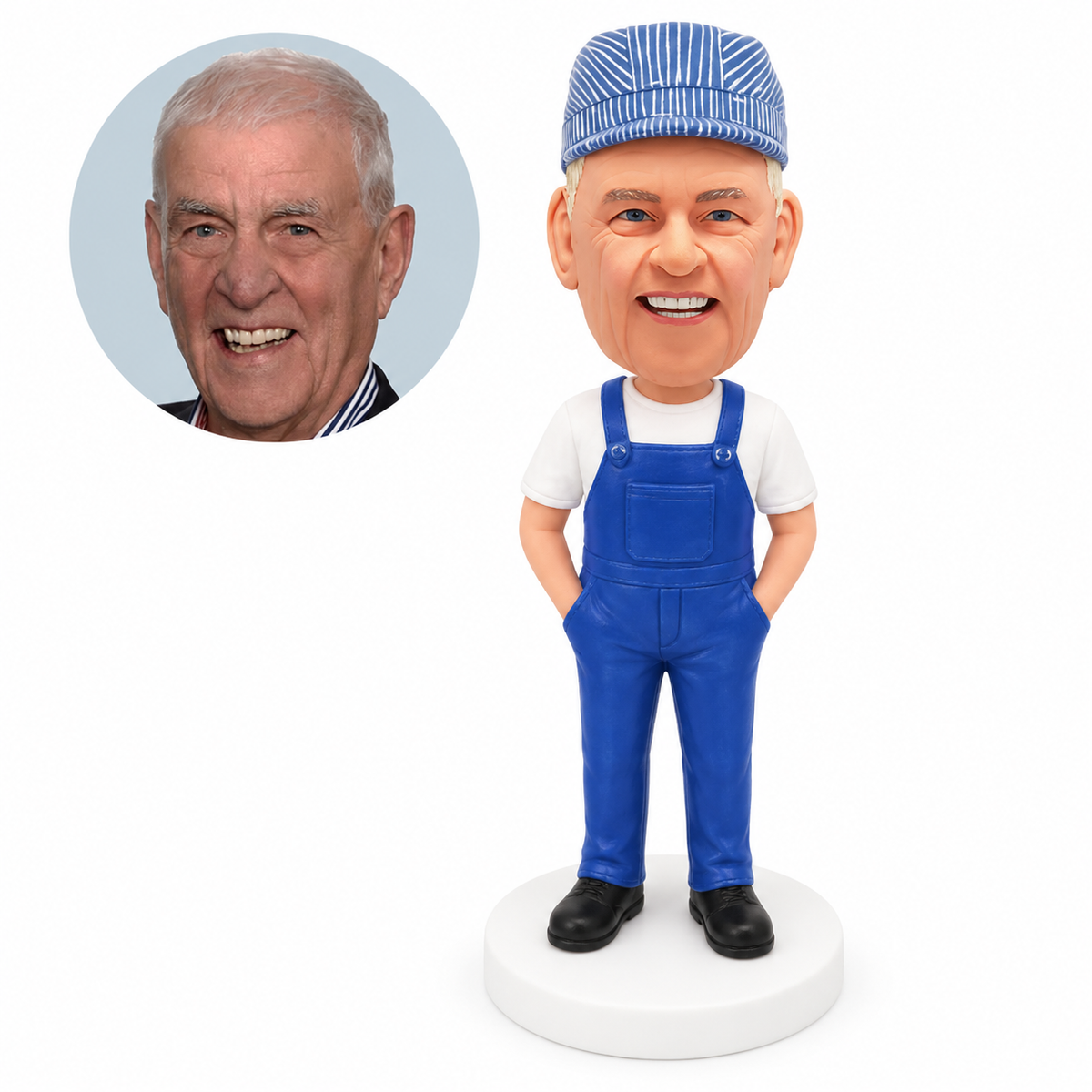 custom bobblehead figure farmer in bib overalls with both hands in his pockets