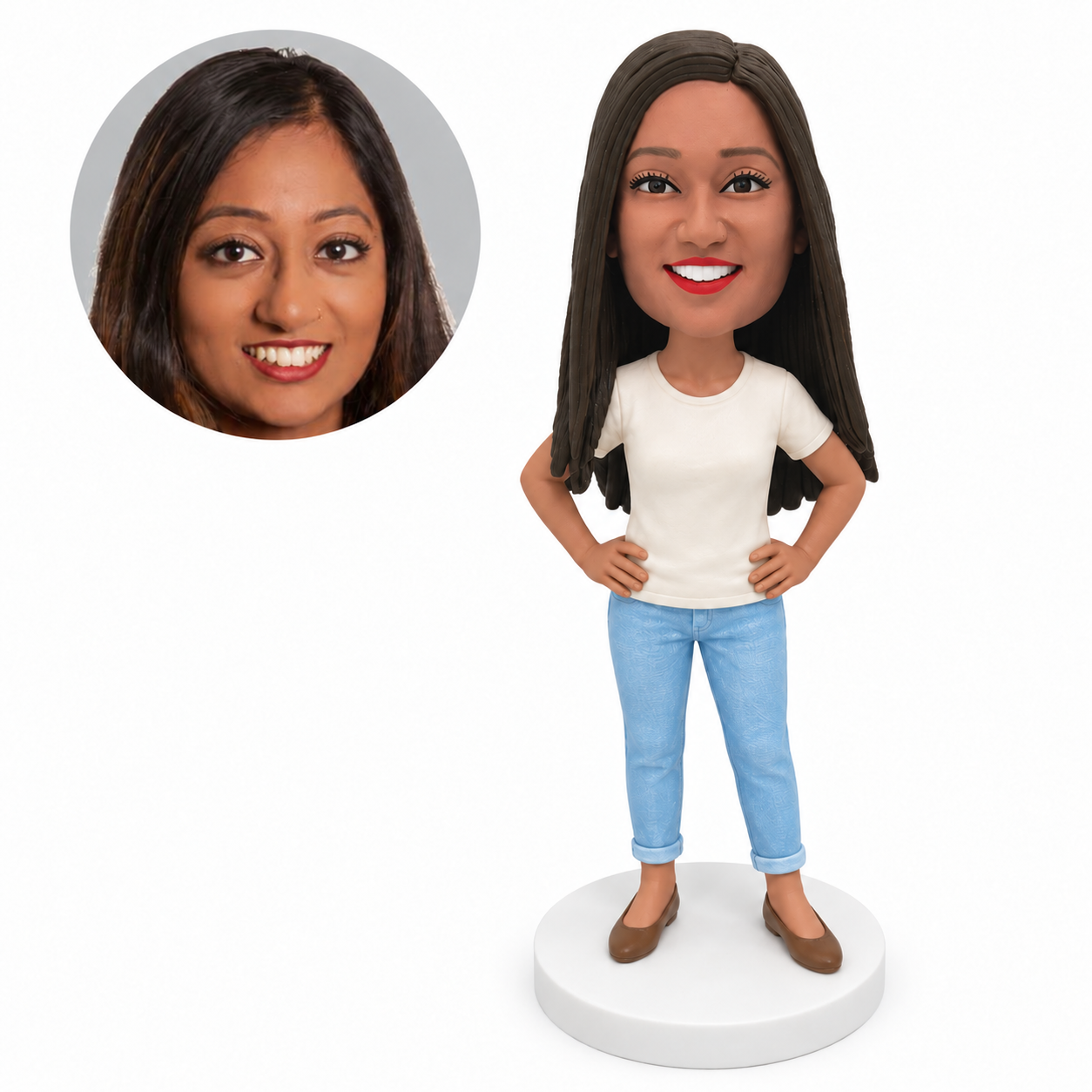 custom bobblehead figure woman in a white T shirt and cuffed jeans with hands on her hips