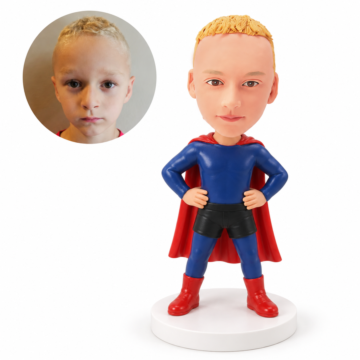 custom bobblehead figure boy superhero in a cape with both hands on his hips