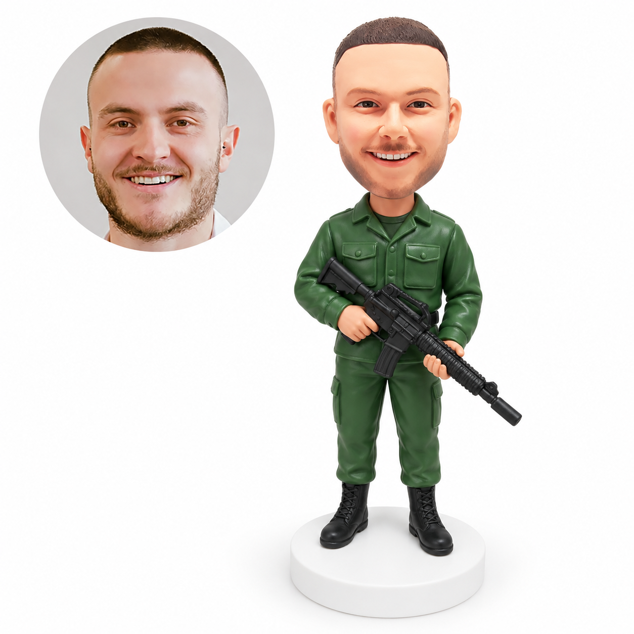custom bobblehead figure soldier in a field uniform holding a rifle with both hands