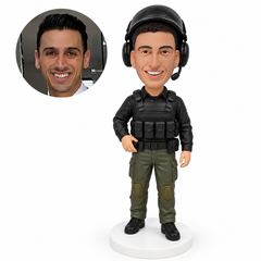 custom bobblehead figure tactical officer in a helmet and protective vest with one hand at his belt