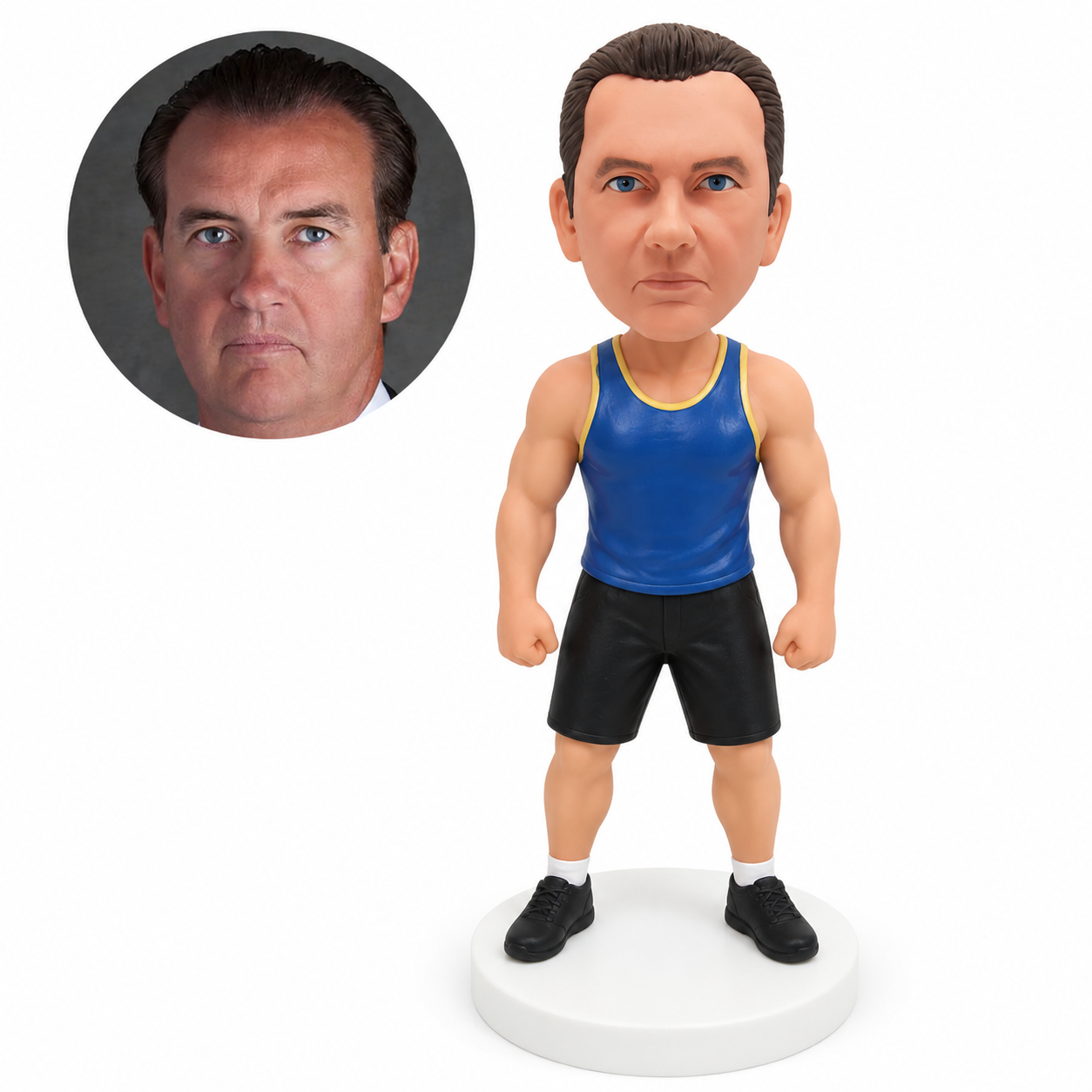 custom bobblehead figure muscular man in a tank top and shorts standing with his fists at his sides