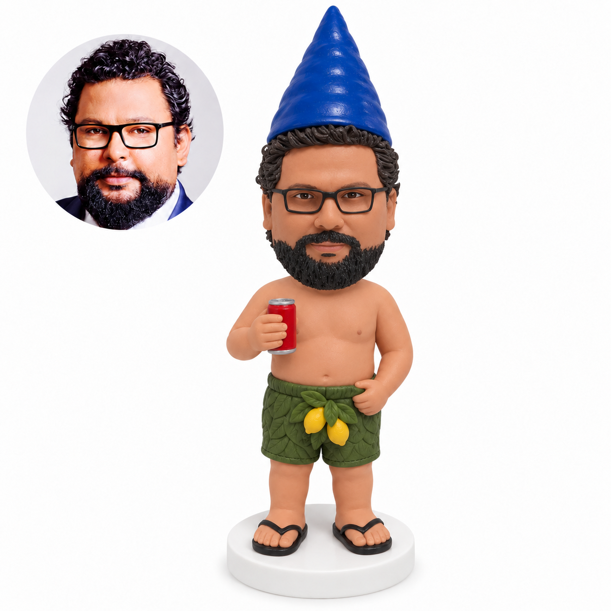 custom bobblehead figure cheeky garden gnome wearing leafy shorts and holding a drink