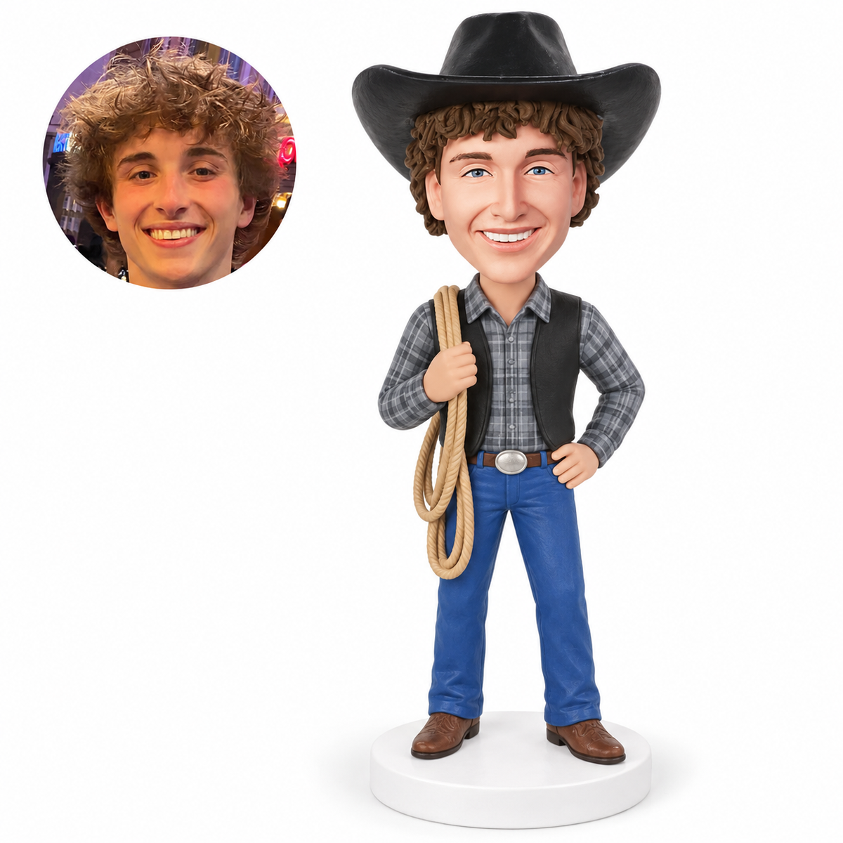 custom bobblehead figure cowboy holding a coiled rope with one hand on his hip
