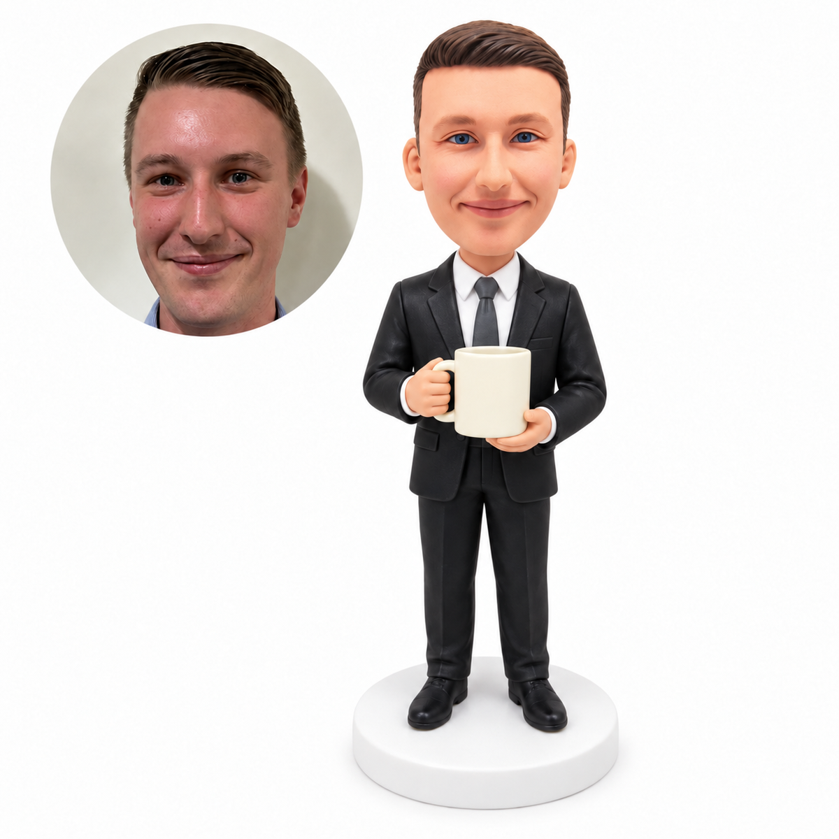 custom bobblehead figure businessman in a suit holding a coffee mug with both hands