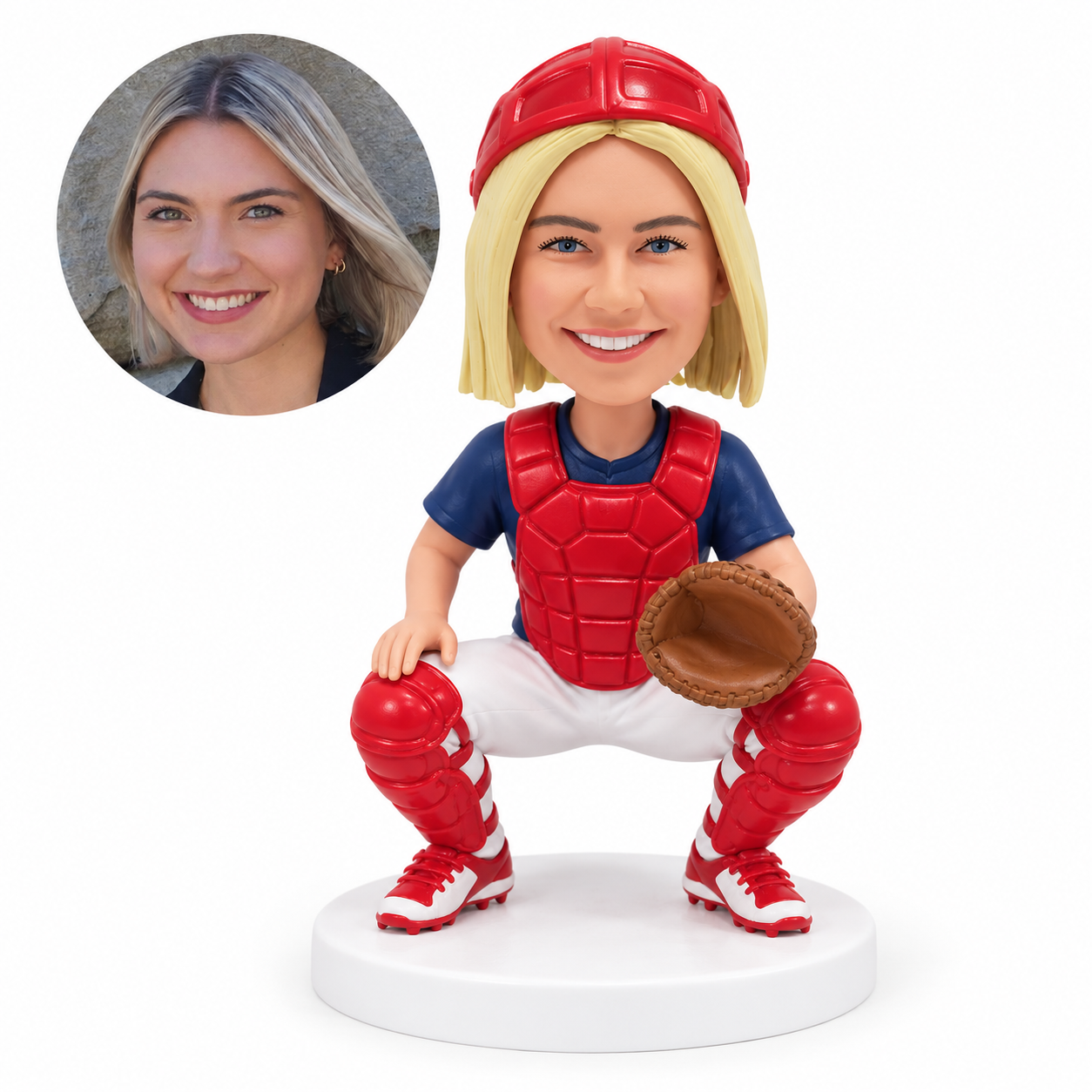 custom bobblehead figure female baseball catcher crouching in protective gear with a mitt