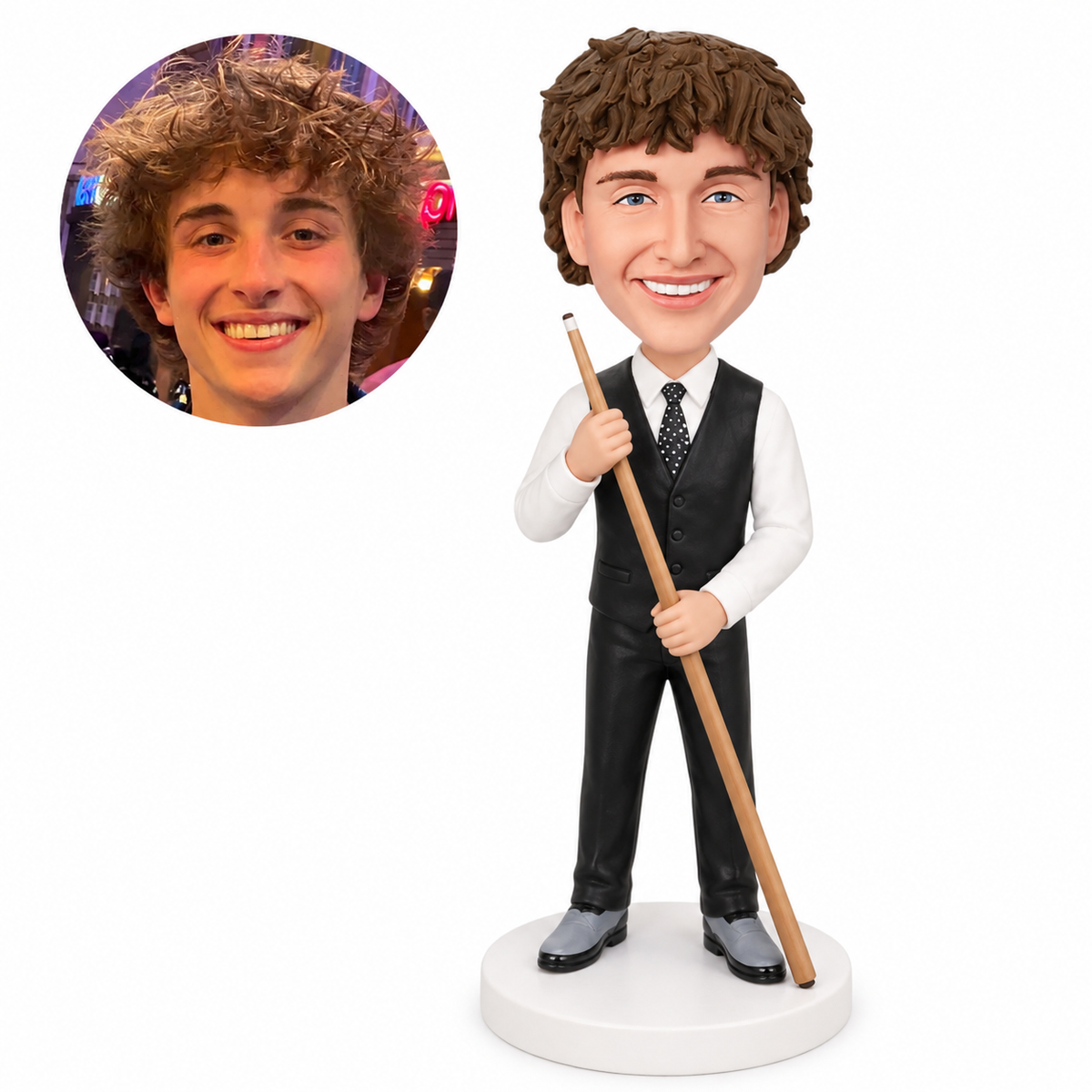 custom bobblehead figure billiards player in a waistcoat holding a cue with both hands