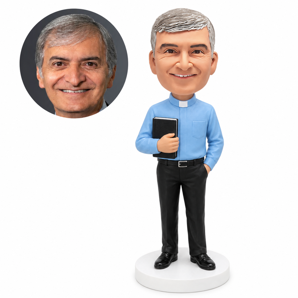 custom bobblehead figure pastor in a clerical shirt holding a Bible with one hand in a pocket