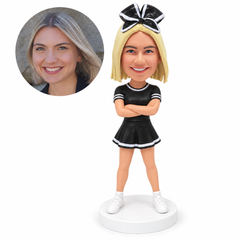 custom bobblehead figure female cheerleader in a uniform with her arms crossed
