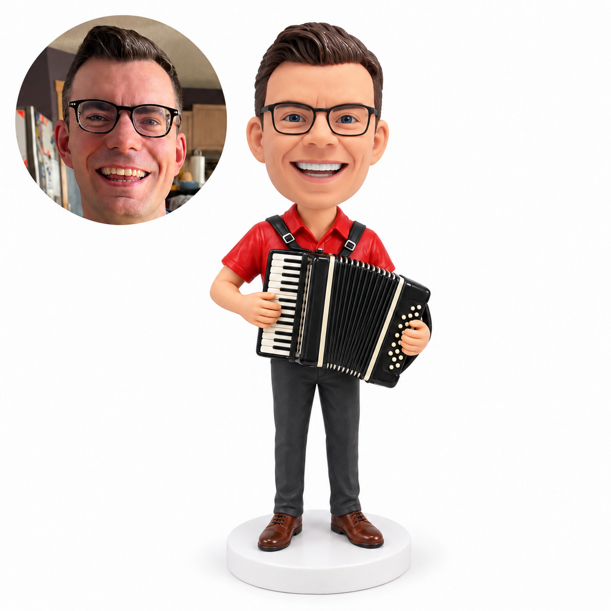 custom bobblehead figure accordion player holding the instrument with both hands