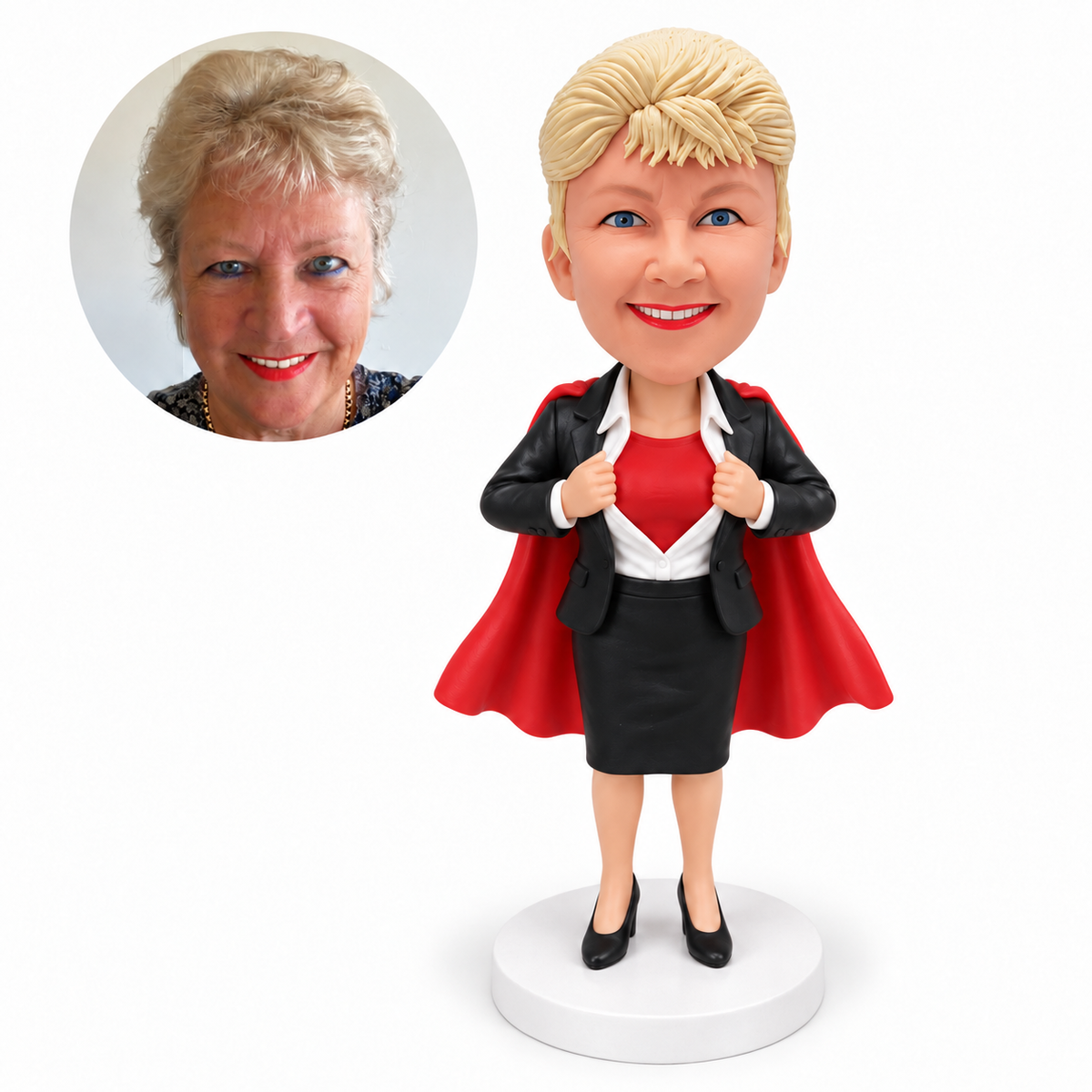 custom bobblehead figure woman opening her blazer and shirt with a cape