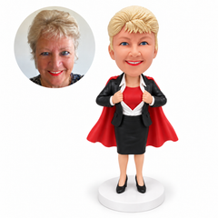 custom bobblehead figure woman opening her blazer and shirt with a cape