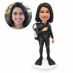 custom bobblehead figure woman scuba diver wearing fins with an air tank