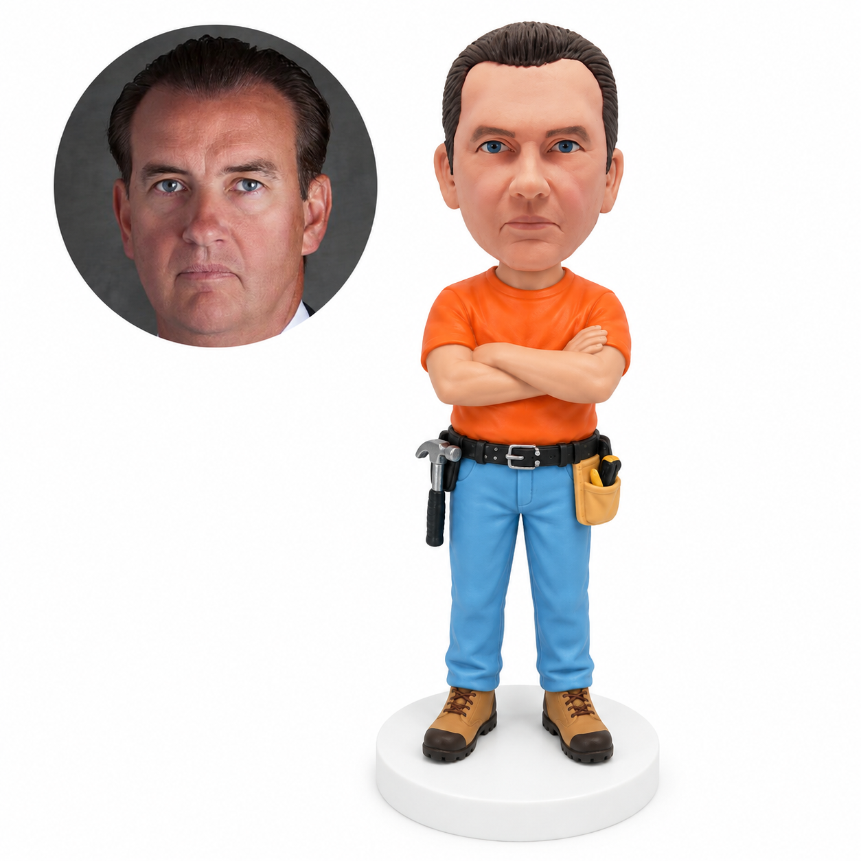 custom bobblehead figure electrician in a T-shirt crossing his arms with a tool belt