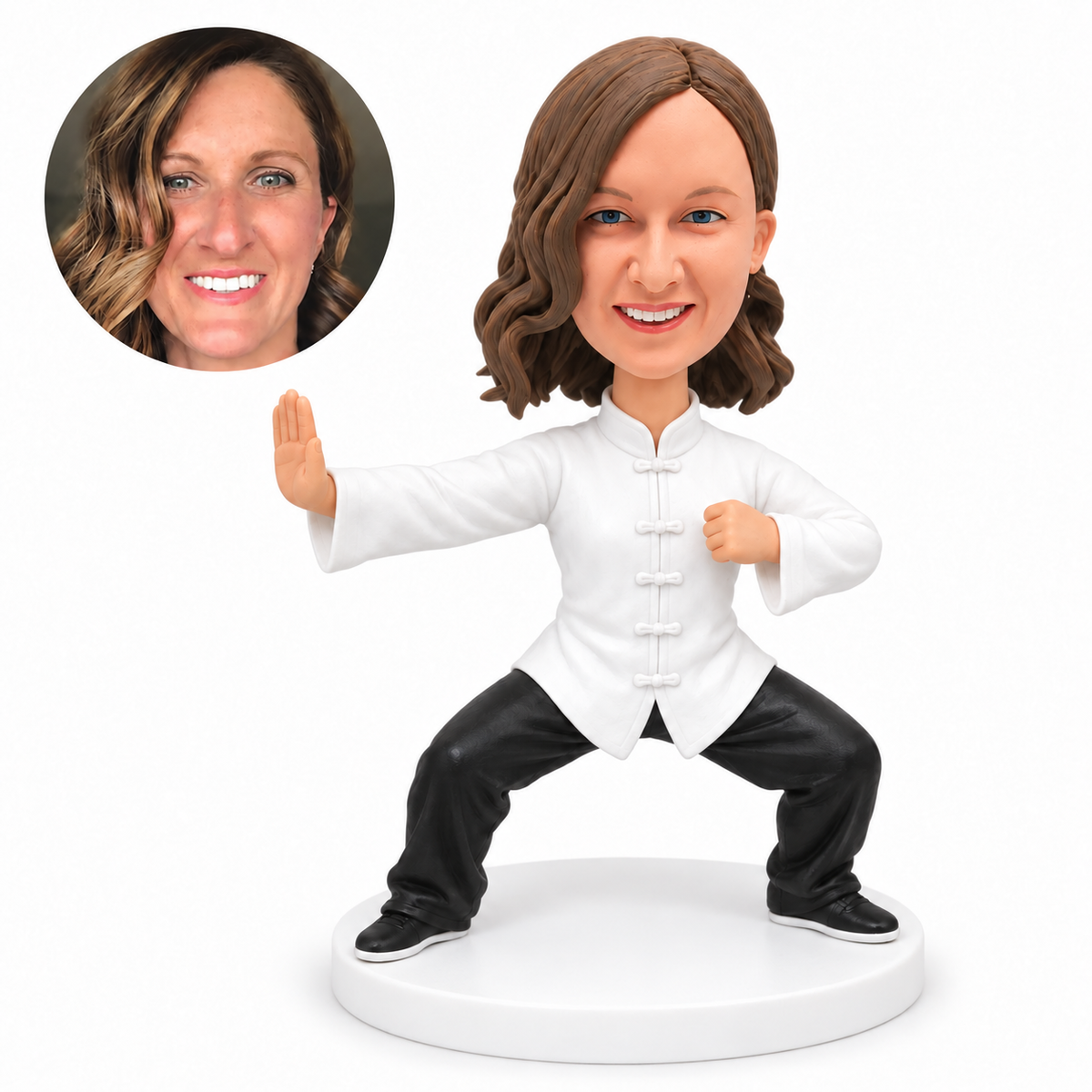 custom bobblehead figure woman practicing tai chi in a low stance