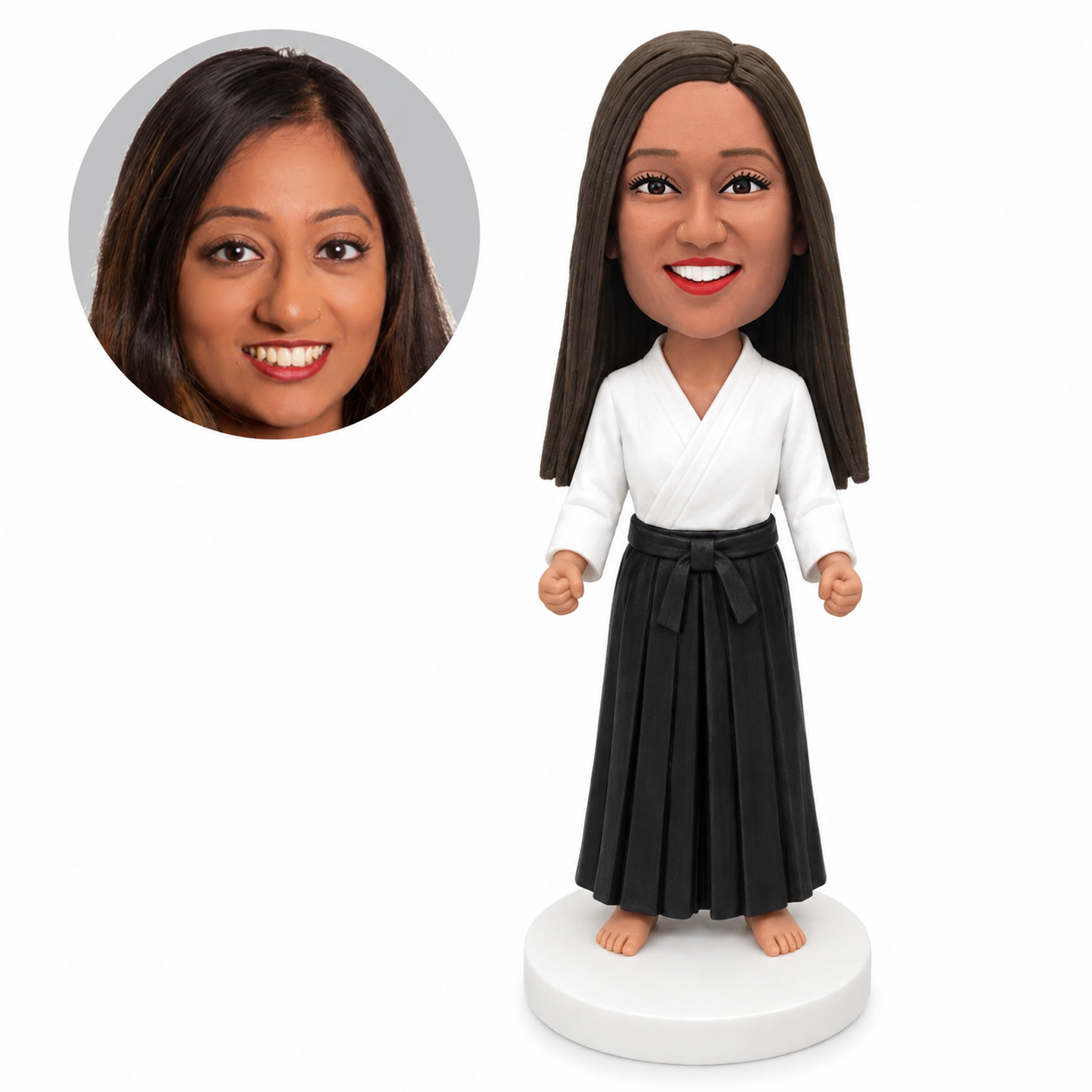 custom bobblehead figure woman aikido practitioner in a white jacket and black hakama