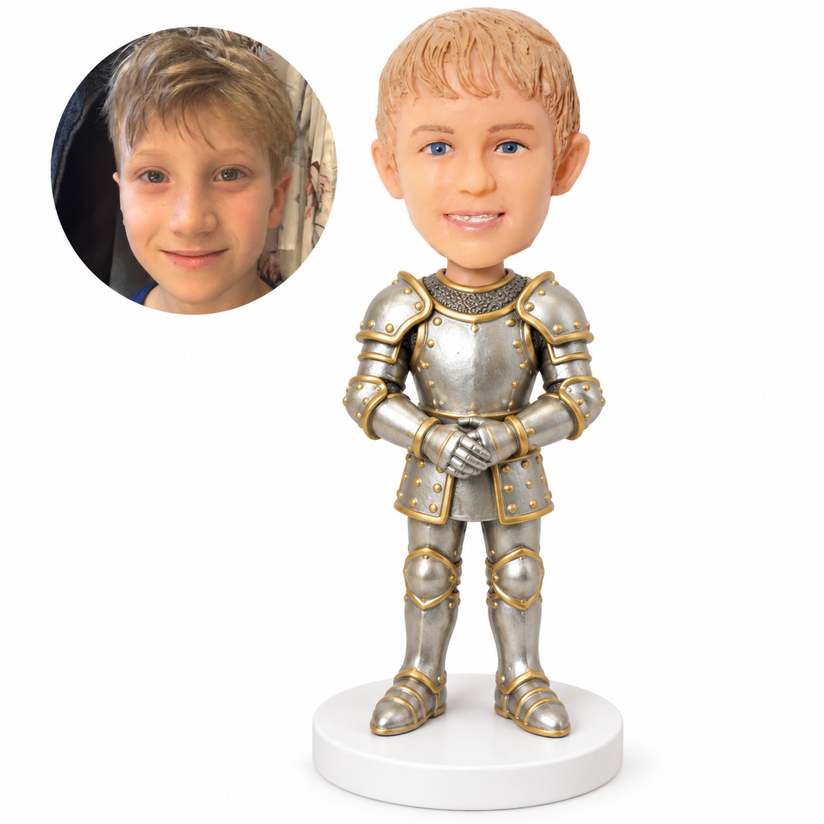 custom bobblehead figure boy medieval knight in full plate armor with hands at his waist