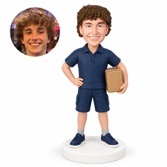 custom bobblehead figure delivery driver in a polo shirt and shorts carrying a parcel