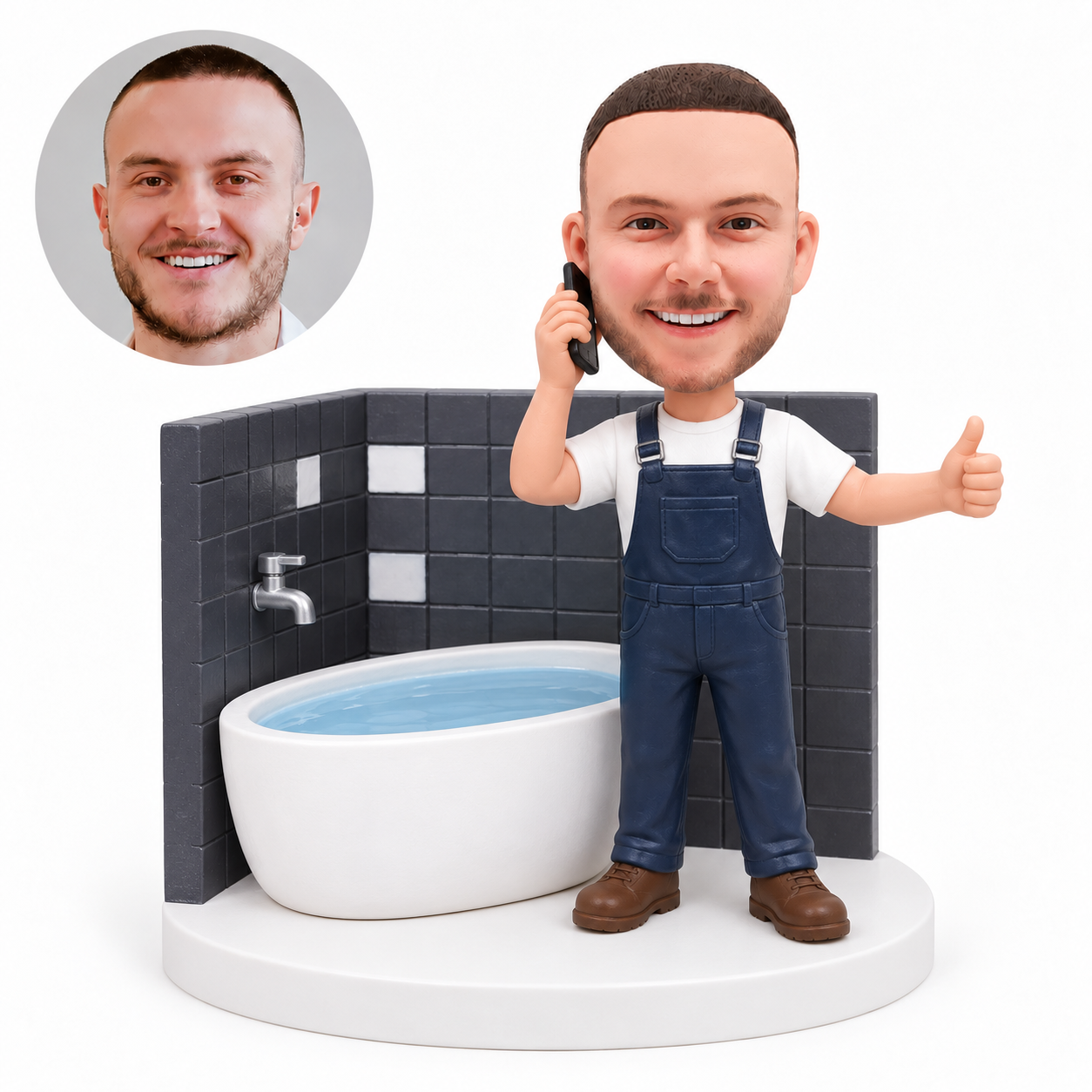 custom bobblehead figure plumber beside a bathtub and tiled wall making a phone call