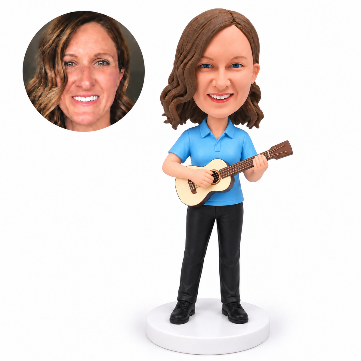 custom bobblehead figure woman in a polo shirt playing a ukulele