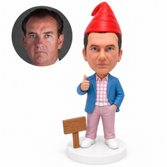custom bobblehead figure garden gnome in an open blazer giving a thumbs up beside a wooden sign