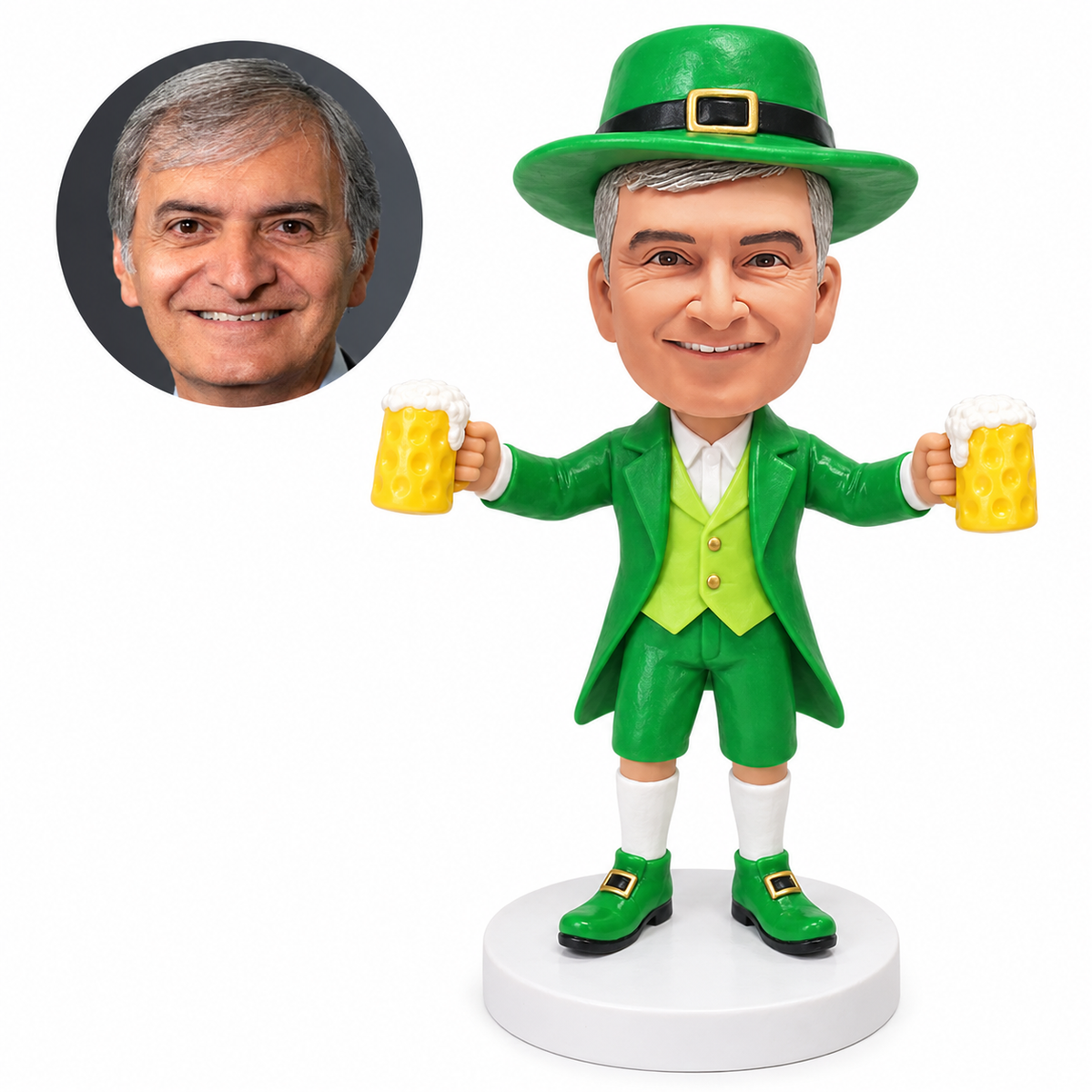 custom bobblehead figure man in a leprechaun coat and shorts holding two beer mugs