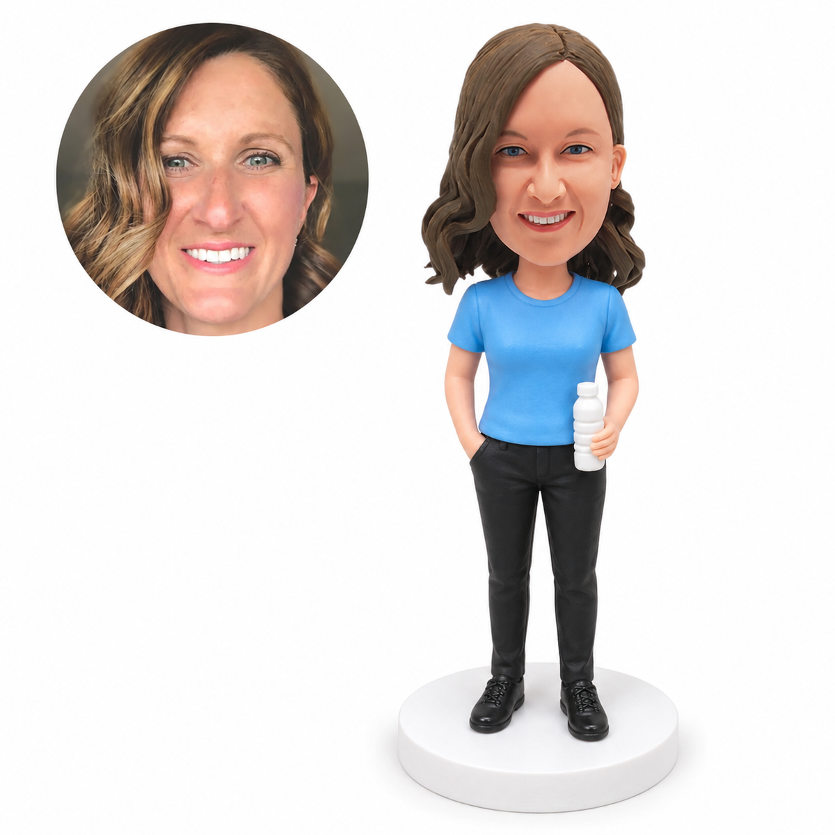 custom bobblehead figure woman in a t-shirt holding a water bottle with a hand in her pocket