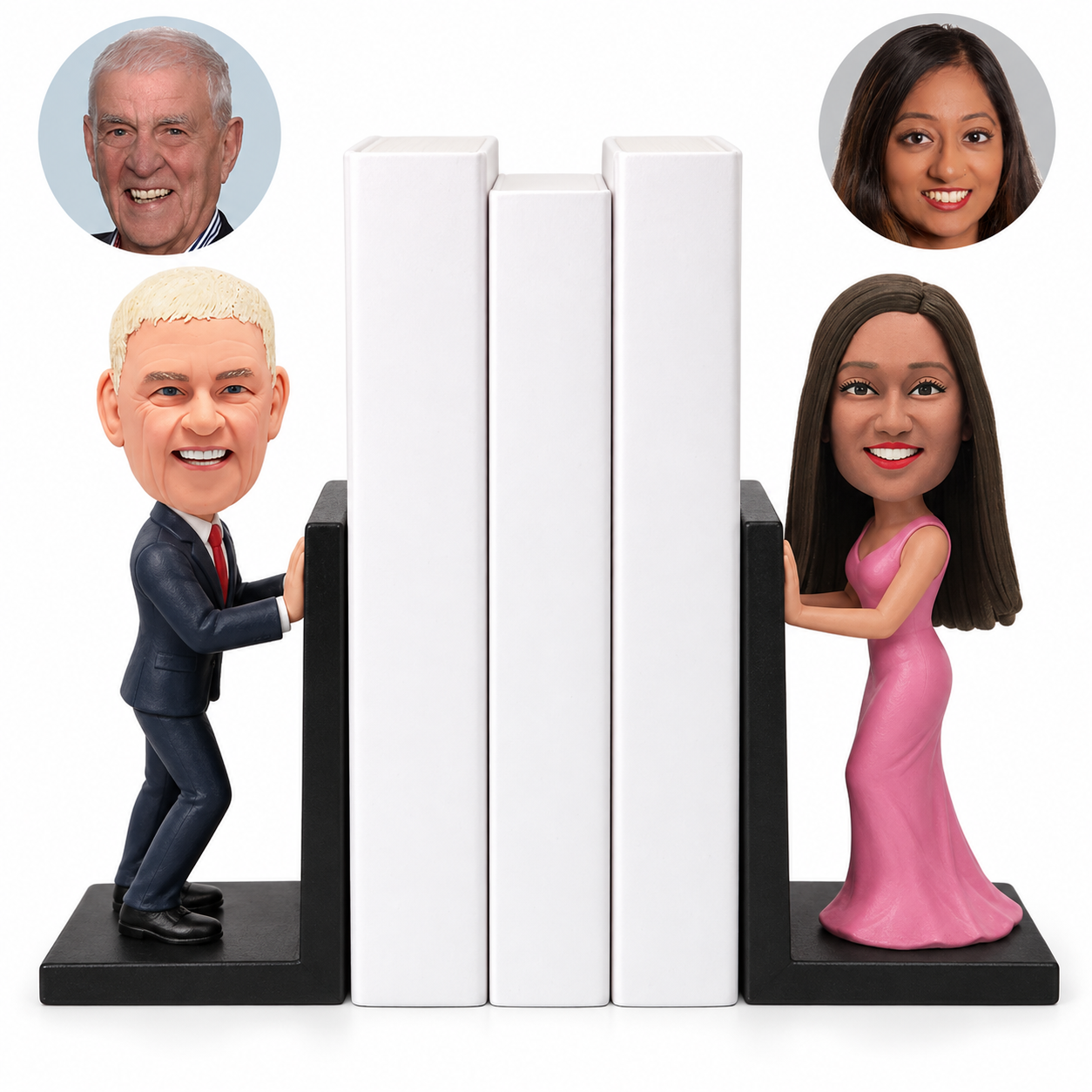 custom bobblehead figures couple bookends in a navy suit and pink evening gown