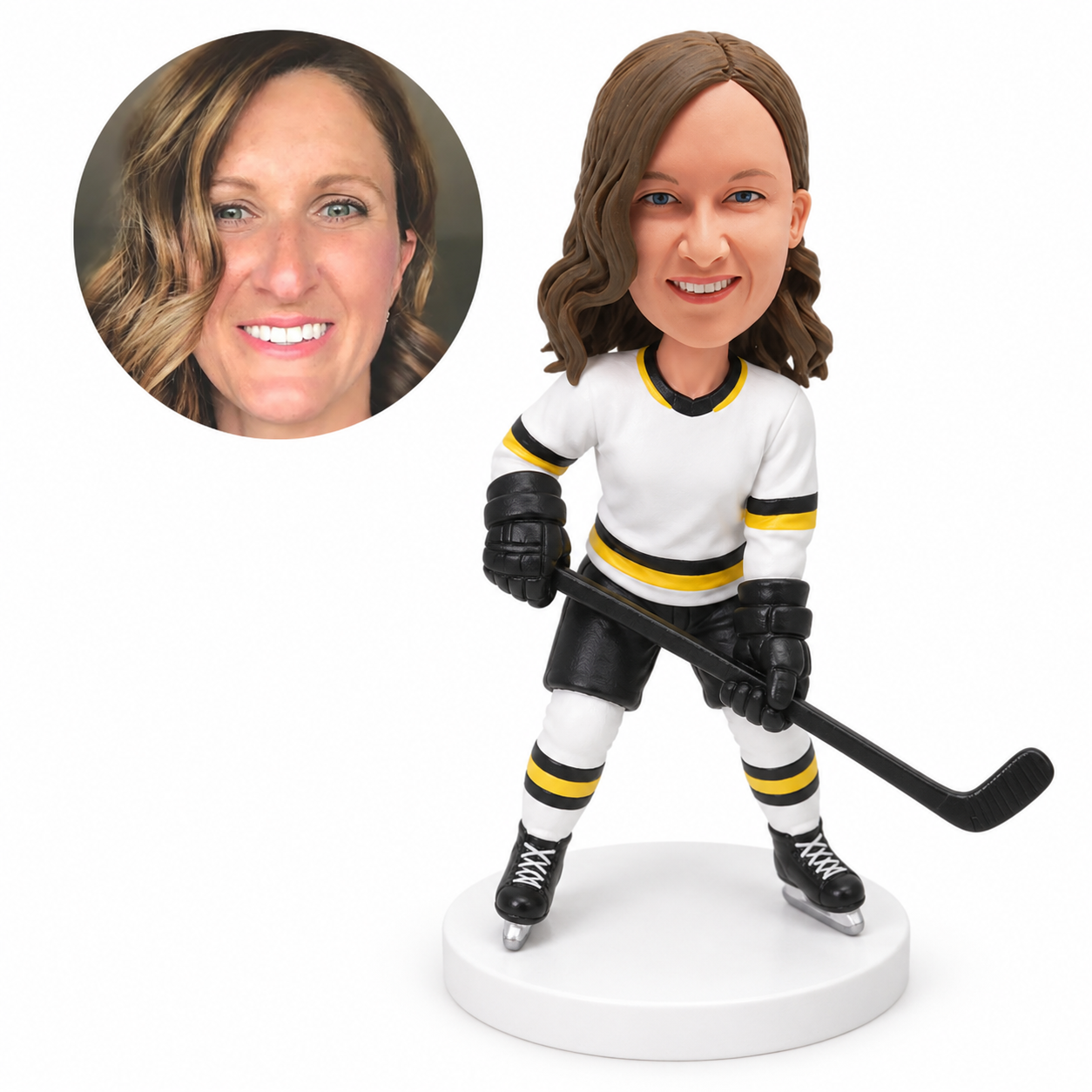 custom bobblehead figure female ice hockey player holding a stick with both hands