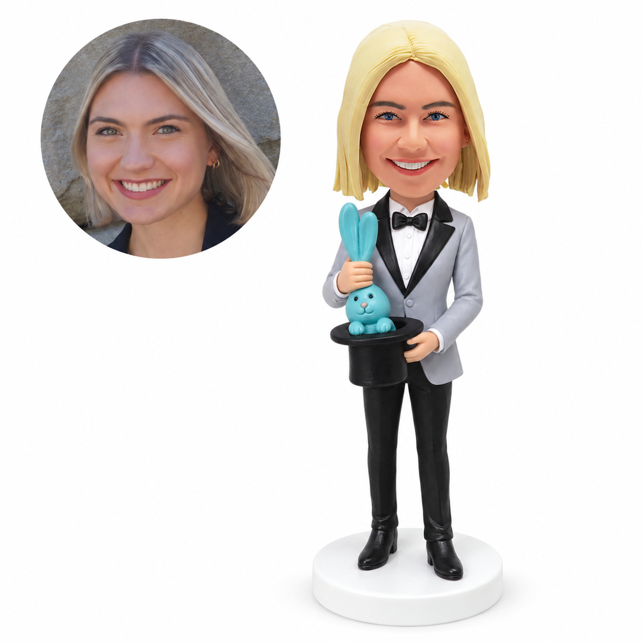 custom bobblehead figure female magician holding a top hat with a decorative rabbit
